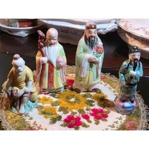 Vintage Porcelain Statues Fu Lu Shou, the Three Star Gods of Chinese Mythology